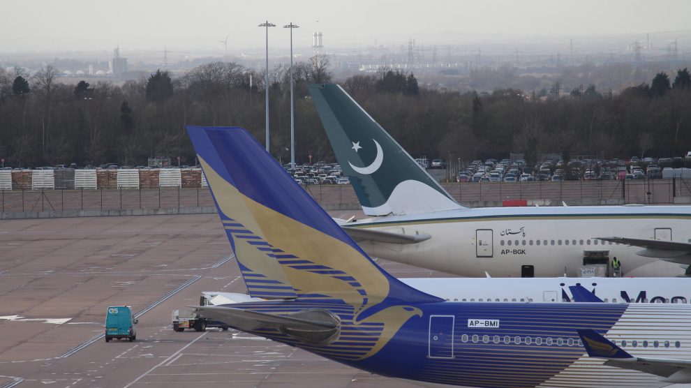 Shaheen Air's Airbus A330 and PIA Boeing 777 at Manchester airport.