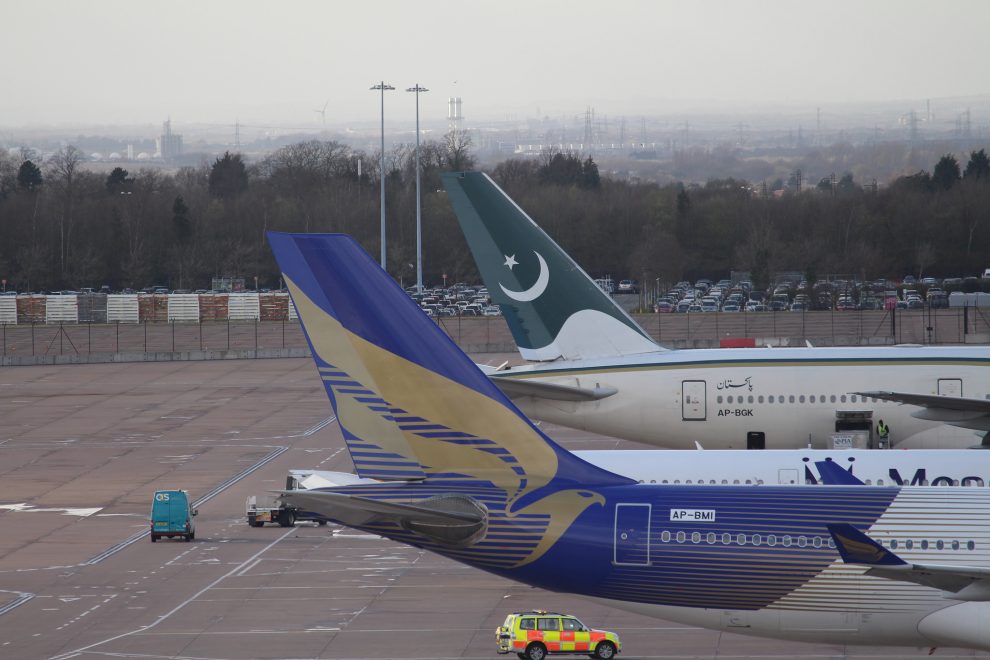 Shaheen Air's Airbus A330 and PIA Boeing 777 at Manchester airport.