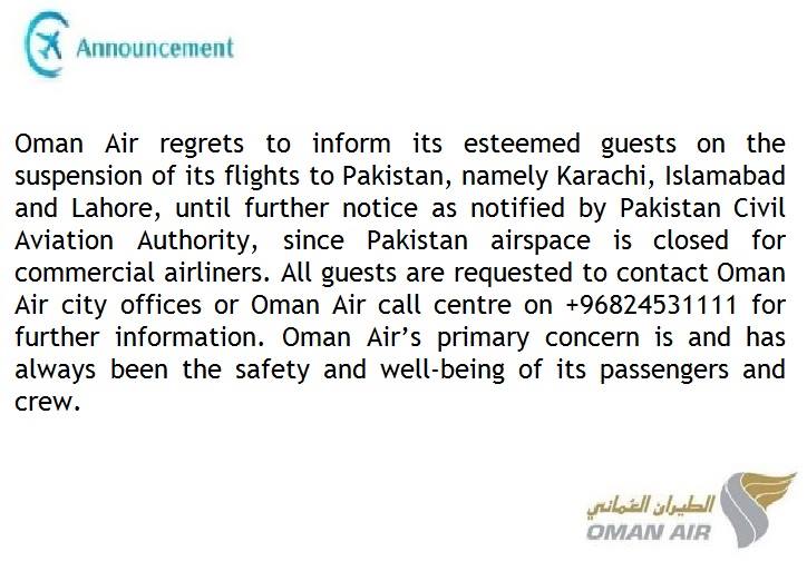 Oman Air notification to passengers about cancellation of flights to Pakistan.