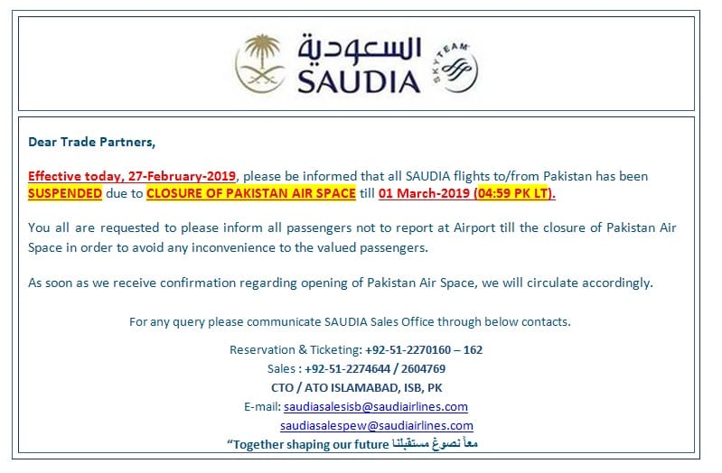 Saudi Airlines cancels flights to Pakistan