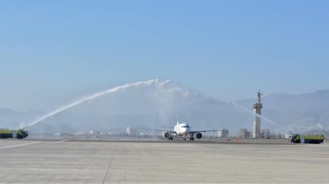 PIA's first flight to Fujairah receiving water cannon salute upon arrival.