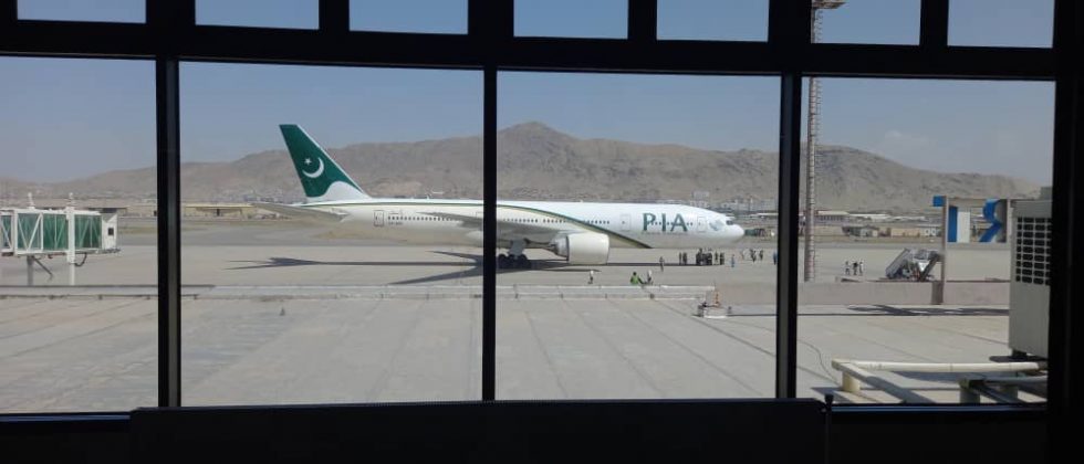 A PIA Boeing 777 operating a special charter flight at Kabul International Airport.